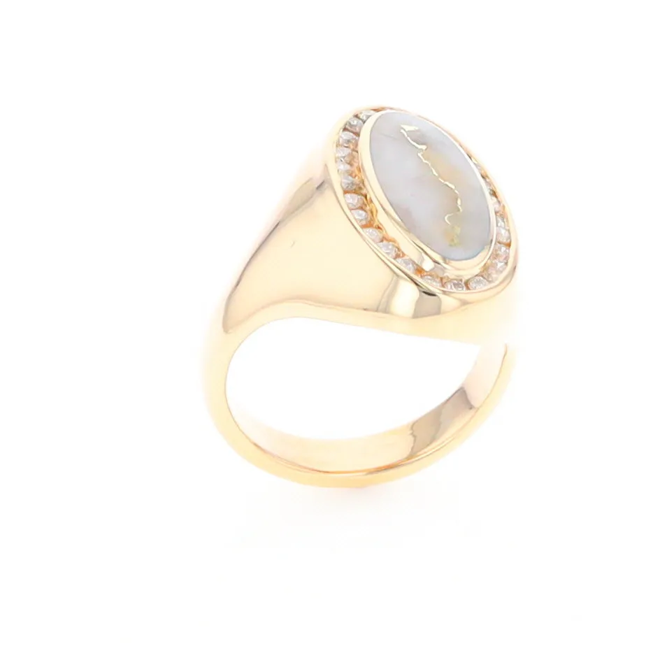 Gold Quartz Ring Oval Inlaid Design with .36ctw Round Diamonds Halo