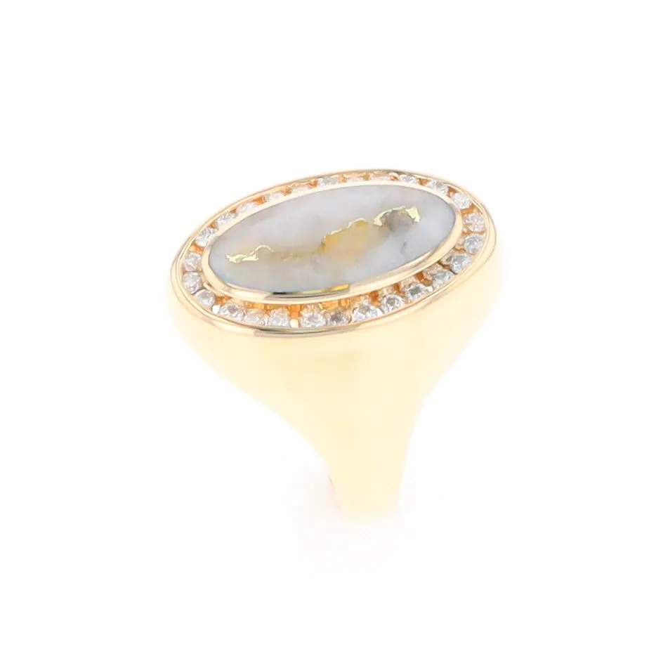 Gold Quartz Ring Oval Inlaid Design with .36ctw Round Diamonds Halo