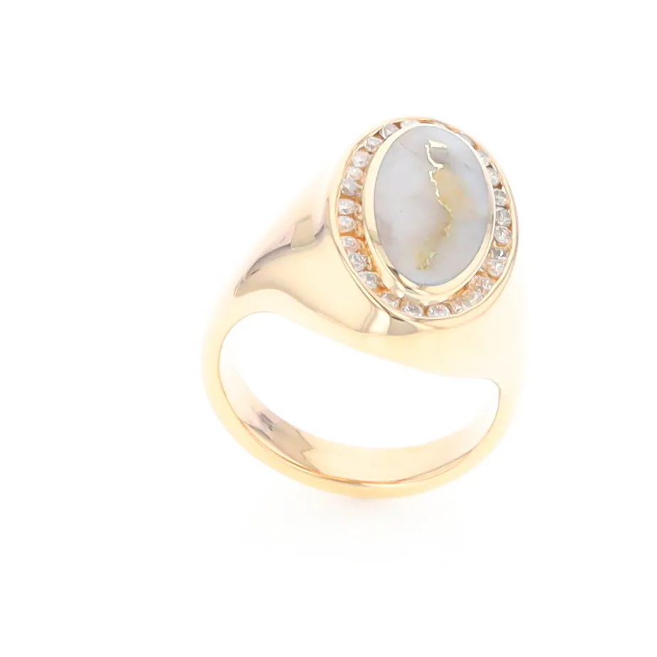 Gold Quartz Ring Oval Inlaid Design with .36ctw Round Diamonds Halo