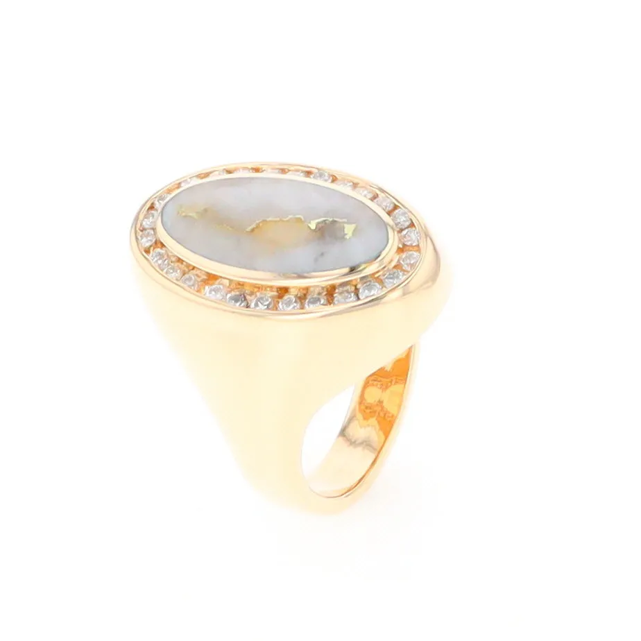 Gold Quartz Ring Oval Inlaid Design with .36ctw Round Diamonds Halo