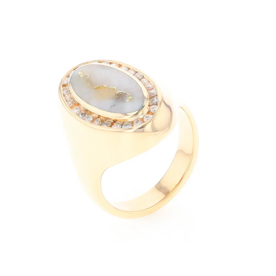 Gold Quartz Ring Oval Inlaid Design with .36ctw Round Diamonds Halo