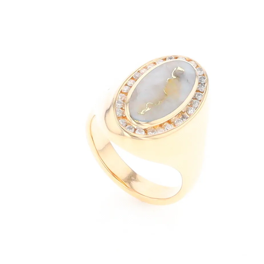 Gold Quartz Ring Oval Inlaid Design with .36ctw Round Diamonds Halo