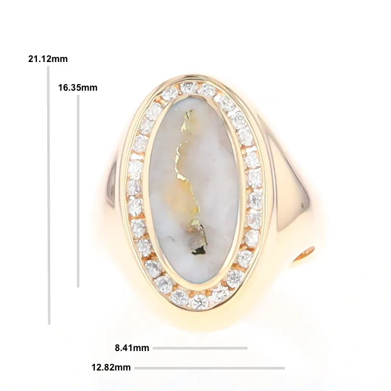 Gold Quartz Ring Oval Inlaid Design with .36ctw Round Diamonds Halo