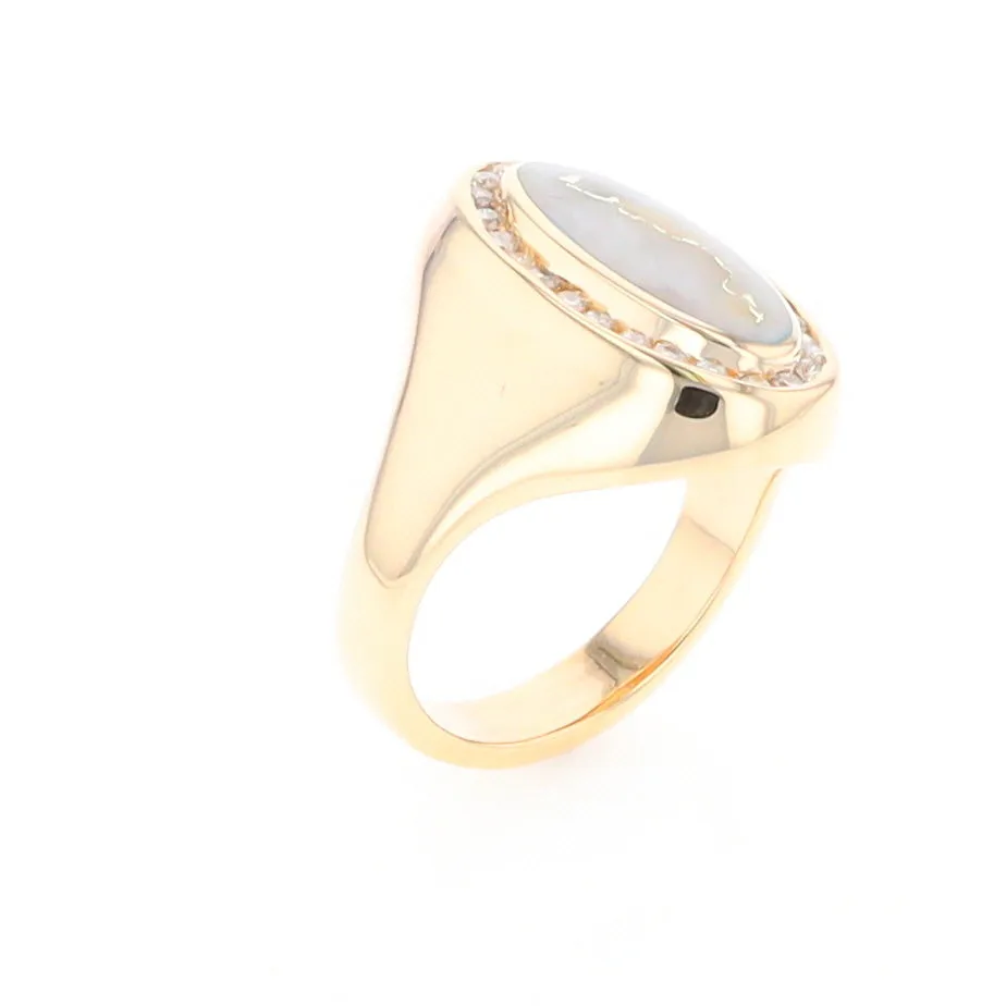 Gold Quartz Ring Oval Inlaid Design with .36ctw Round Diamonds Halo