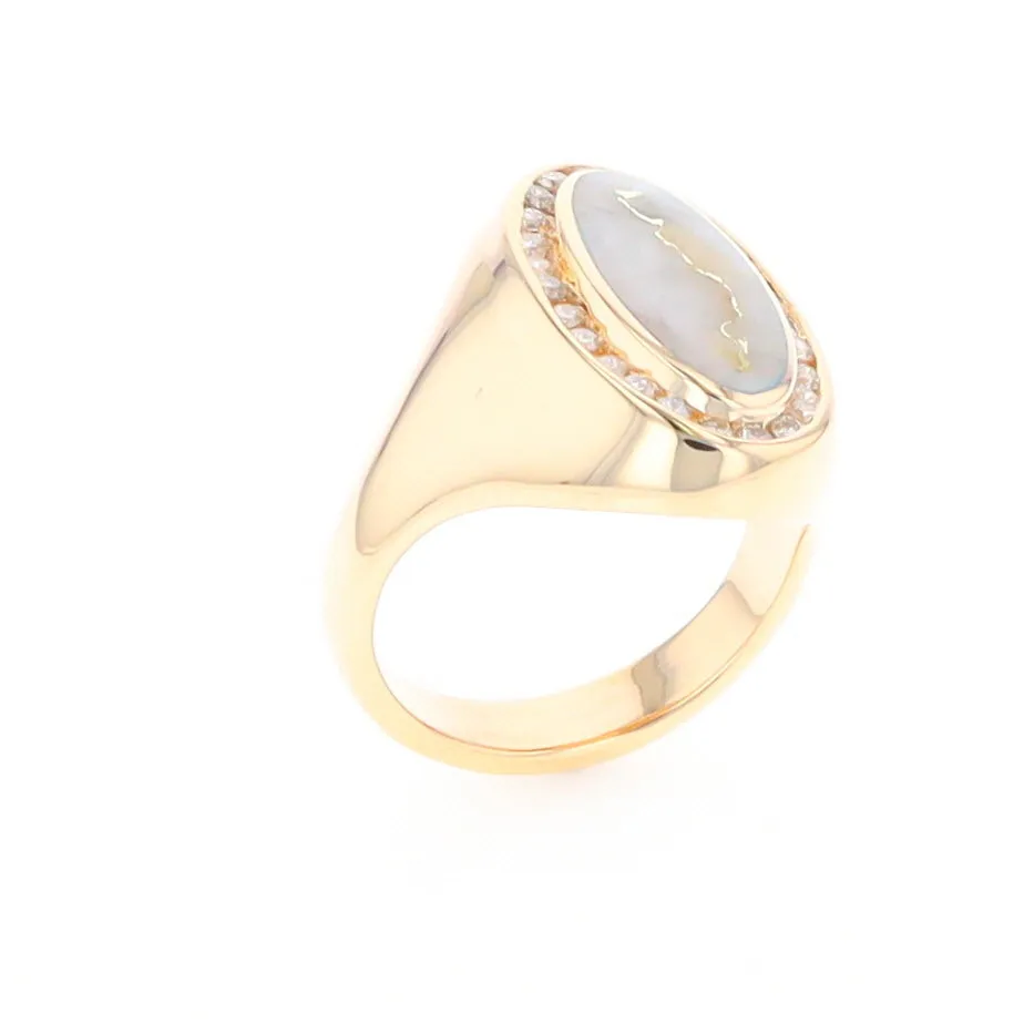 Gold Quartz Ring Oval Inlaid Design with .36ctw Round Diamonds Halo