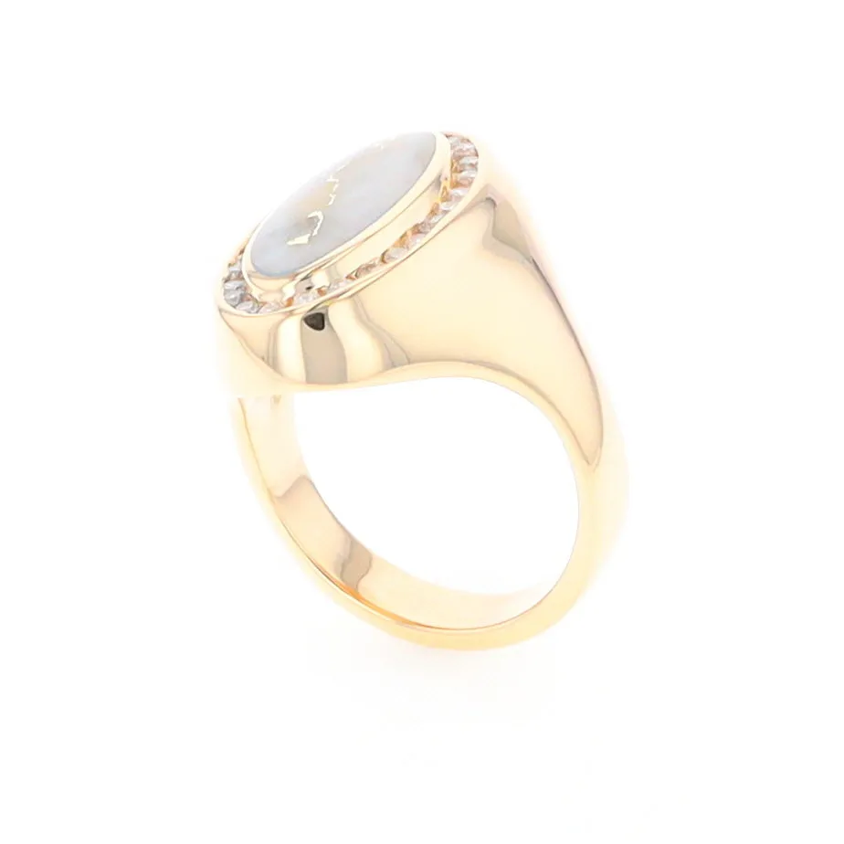 Gold Quartz Ring Oval Inlaid Design with .36ctw Round Diamonds Halo