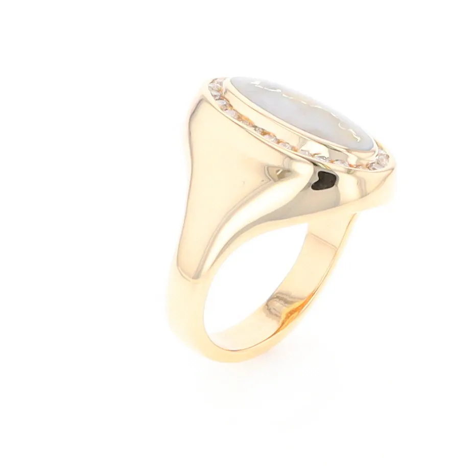 Gold Quartz Ring Oval Inlaid Design with .36ctw Round Diamonds Halo