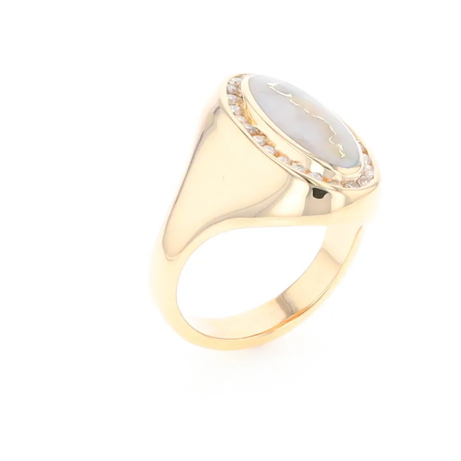 Gold Quartz Ring Oval Inlaid Design with .36ctw Round Diamonds Halo