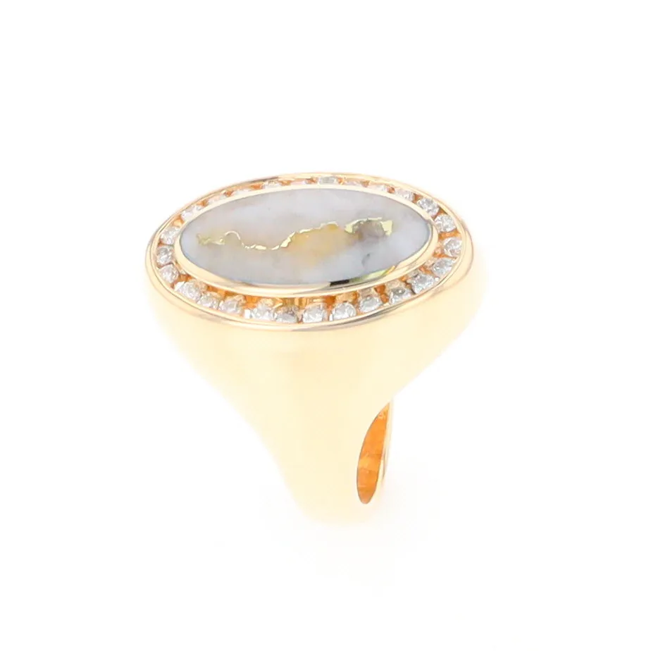 Gold Quartz Ring Oval Inlaid Design with .36ctw Round Diamonds Halo