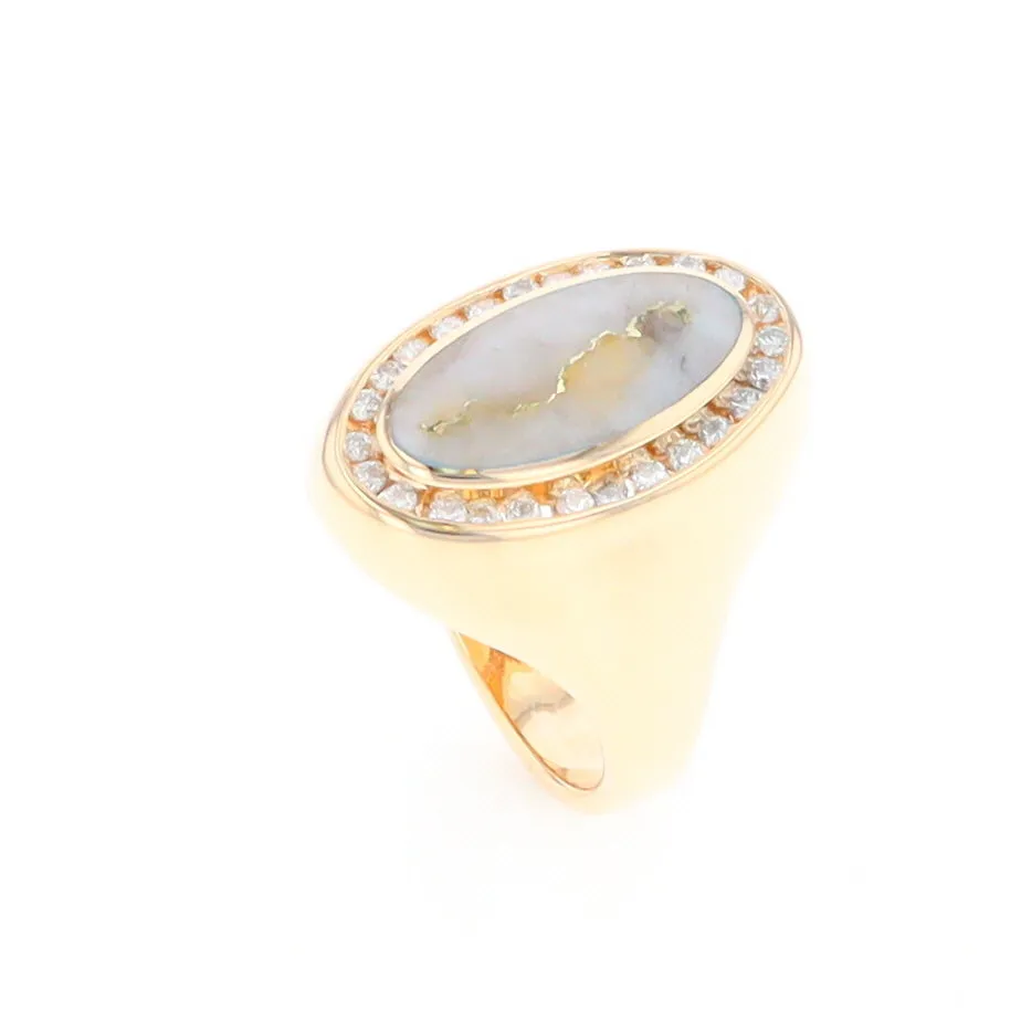 Gold Quartz Ring Oval Inlaid Design with .36ctw Round Diamonds Halo