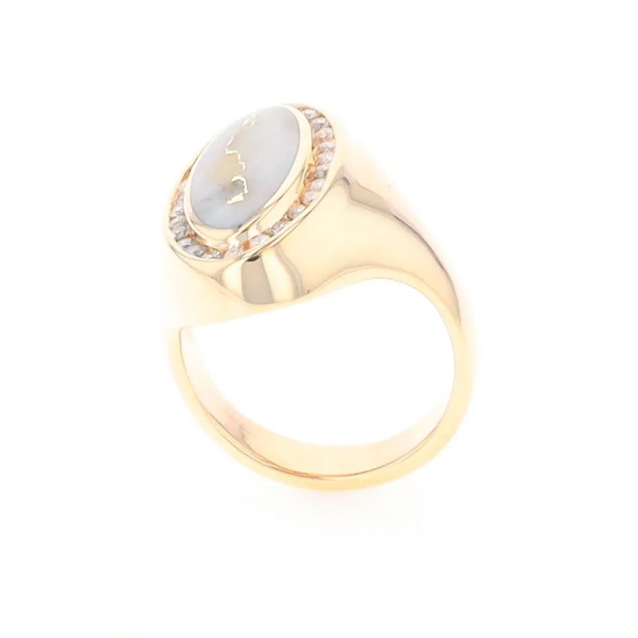 Gold Quartz Ring Oval Inlaid Design with .36ctw Round Diamonds Halo