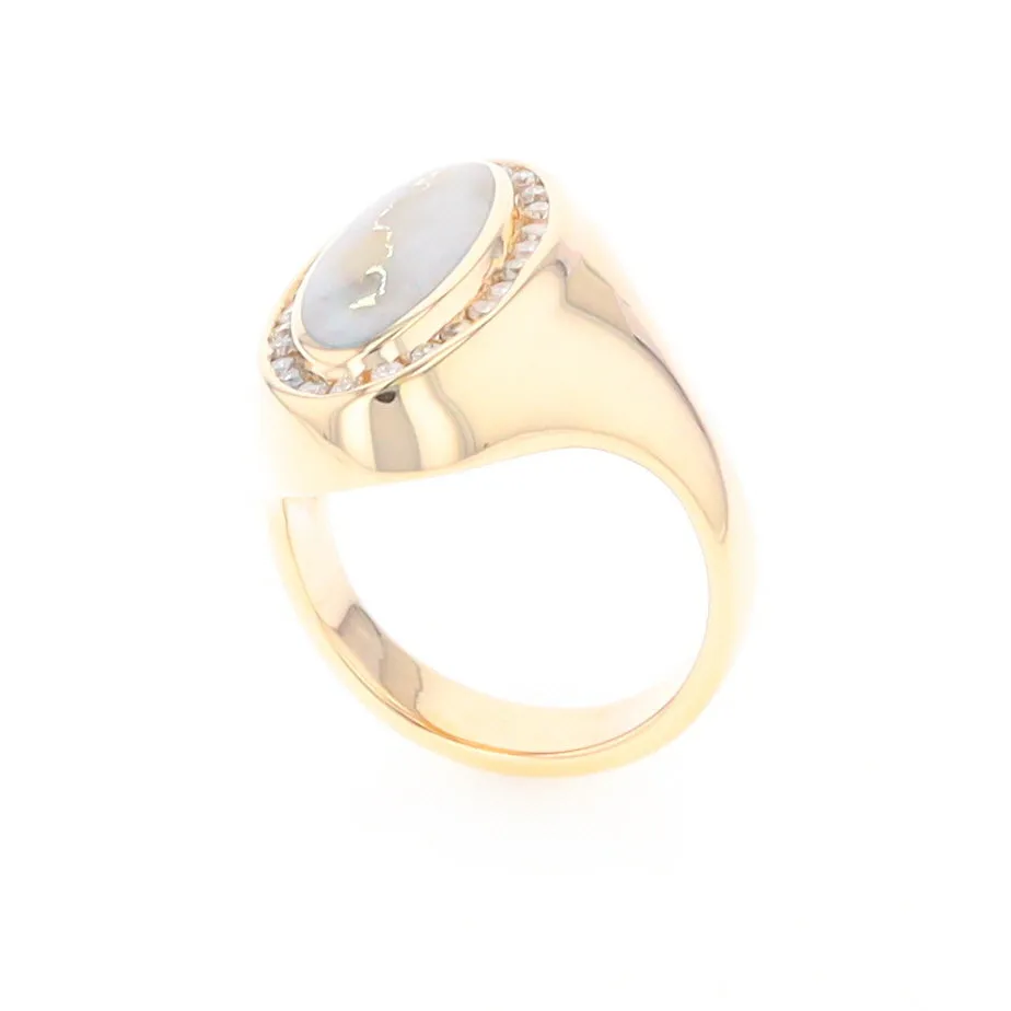 Gold Quartz Ring Oval Inlaid Design with .36ctw Round Diamonds Halo