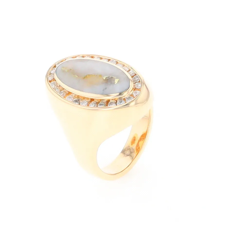 Gold Quartz Ring Oval Inlaid Design with .36ctw Round Diamonds Halo