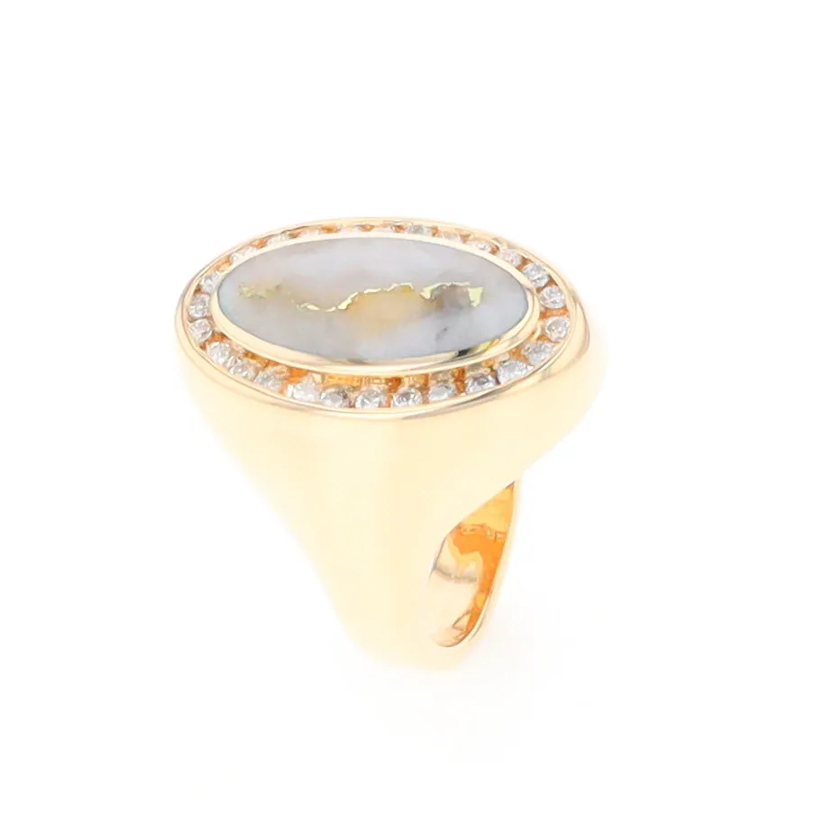 Gold Quartz Ring Oval Inlaid Design with .36ctw Round Diamonds Halo