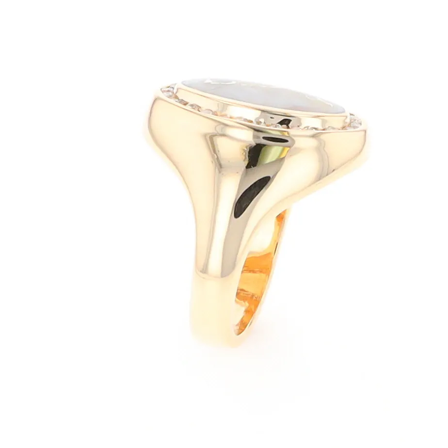 Gold Quartz Ring Oval Inlaid Design with .36ctw Round Diamonds Halo