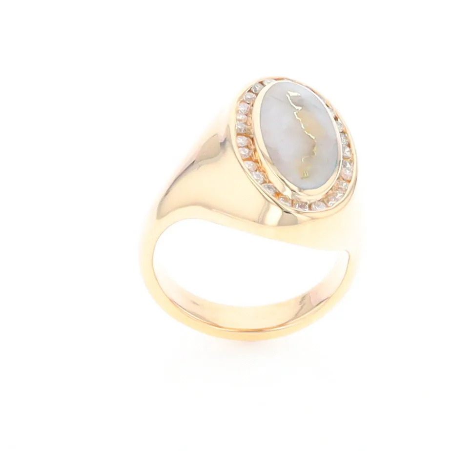 Gold Quartz Ring Oval Inlaid Design with .36ctw Round Diamonds Halo