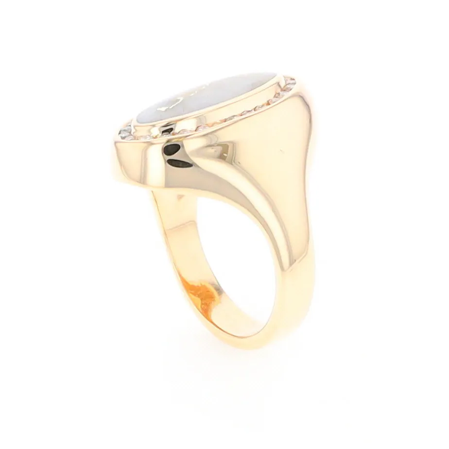 Gold Quartz Ring Oval Inlaid Design with .36ctw Round Diamonds Halo