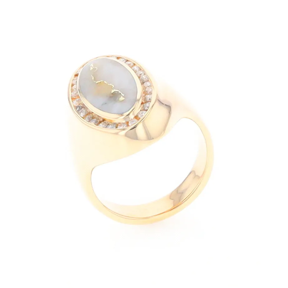 Gold Quartz Ring Oval Inlaid Design with .36ctw Round Diamonds Halo