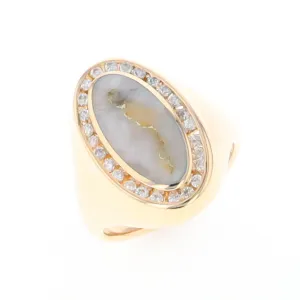 Gold Quartz Ring Oval Inlaid Design with .36ctw Round Diamonds Halo