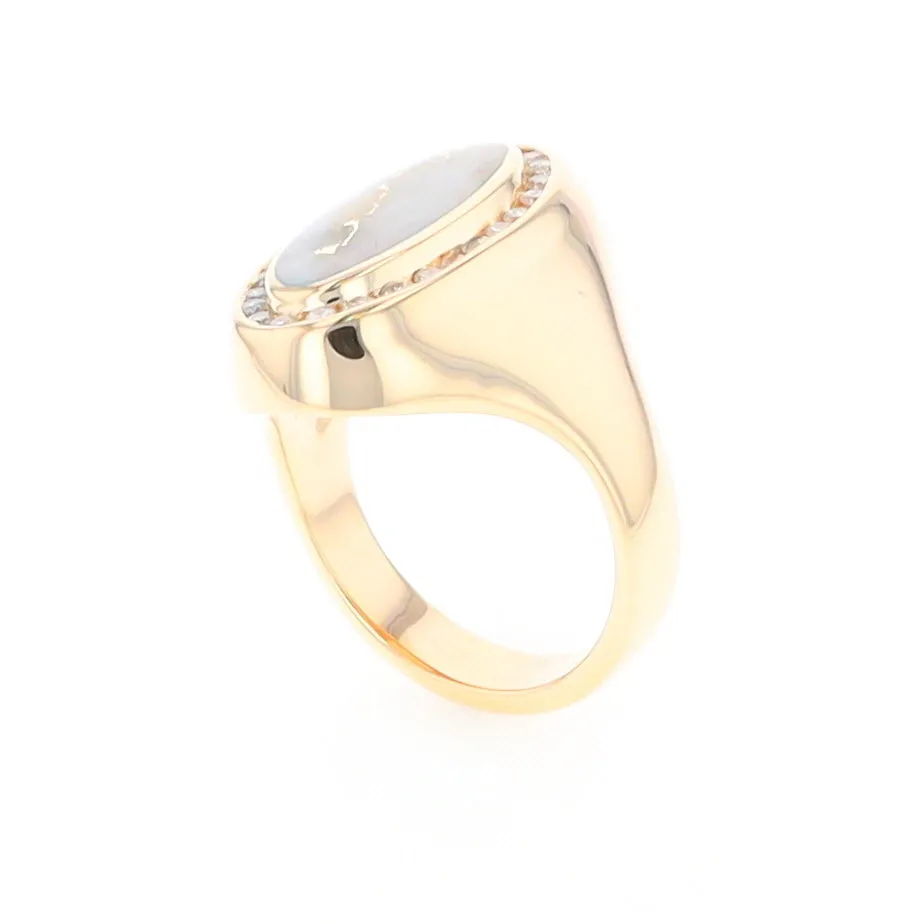 Gold Quartz Ring Oval Inlaid Design with .36ctw Round Diamonds Halo