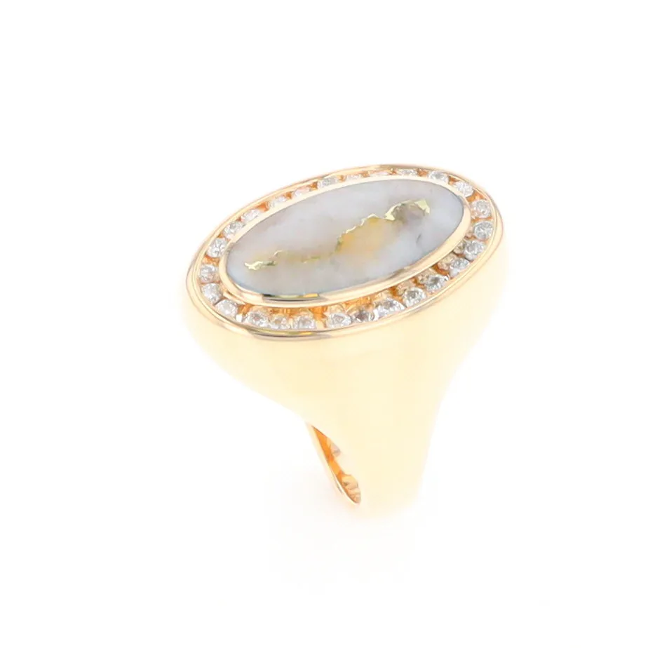 Gold Quartz Ring Oval Inlaid Design with .36ctw Round Diamonds Halo