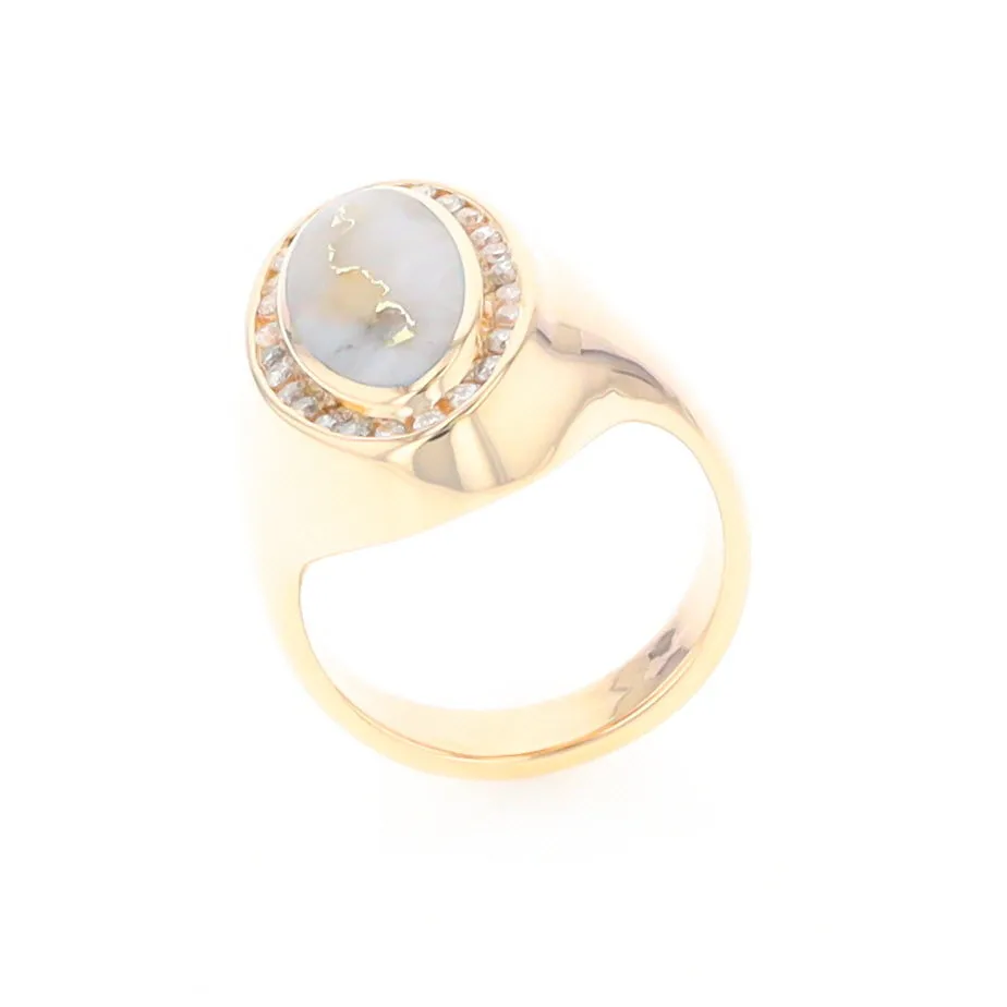 Gold Quartz Ring Oval Inlaid Design with .36ctw Round Diamonds Halo