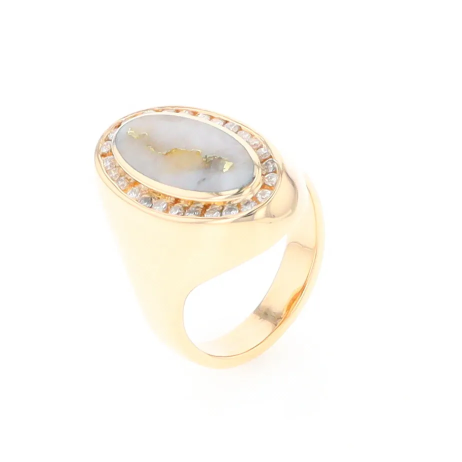 Gold Quartz Ring Oval Inlaid Design with .36ctw Round Diamonds Halo