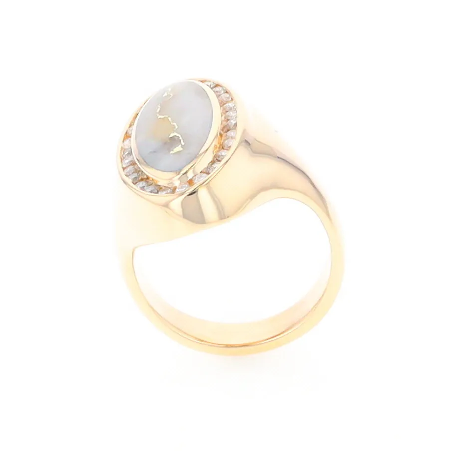 Gold Quartz Ring Oval Inlaid Design with .36ctw Round Diamonds Halo