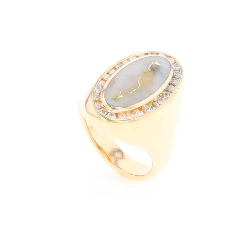 Gold Quartz Ring Oval Inlaid Design with .36ctw Round Diamonds Halo