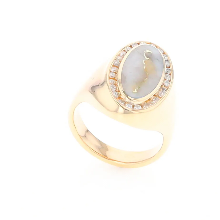 Gold Quartz Ring Oval Inlaid Design with .36ctw Round Diamonds Halo