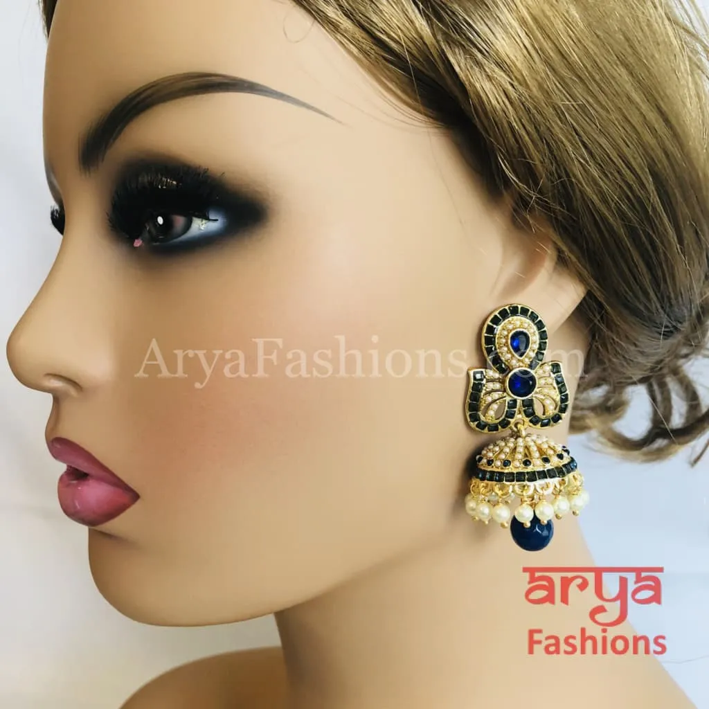 Golden Jhumka Earring with Blue Stones