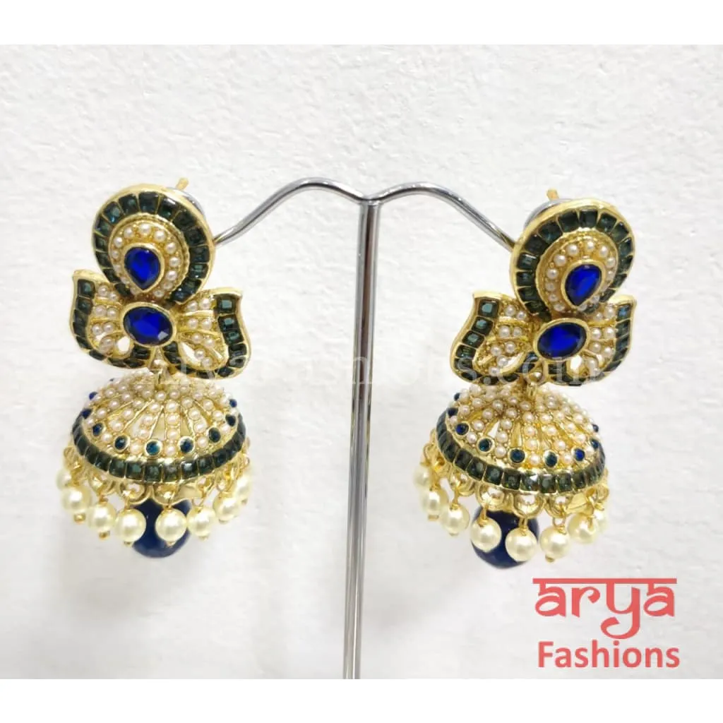 Golden Jhumka Earring with Blue Stones