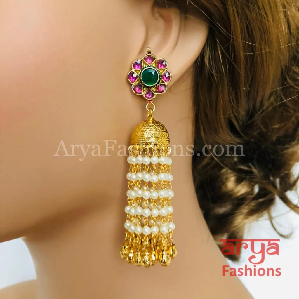 Golden Jhumka Earrings with Pearl Beads and Pink Stones