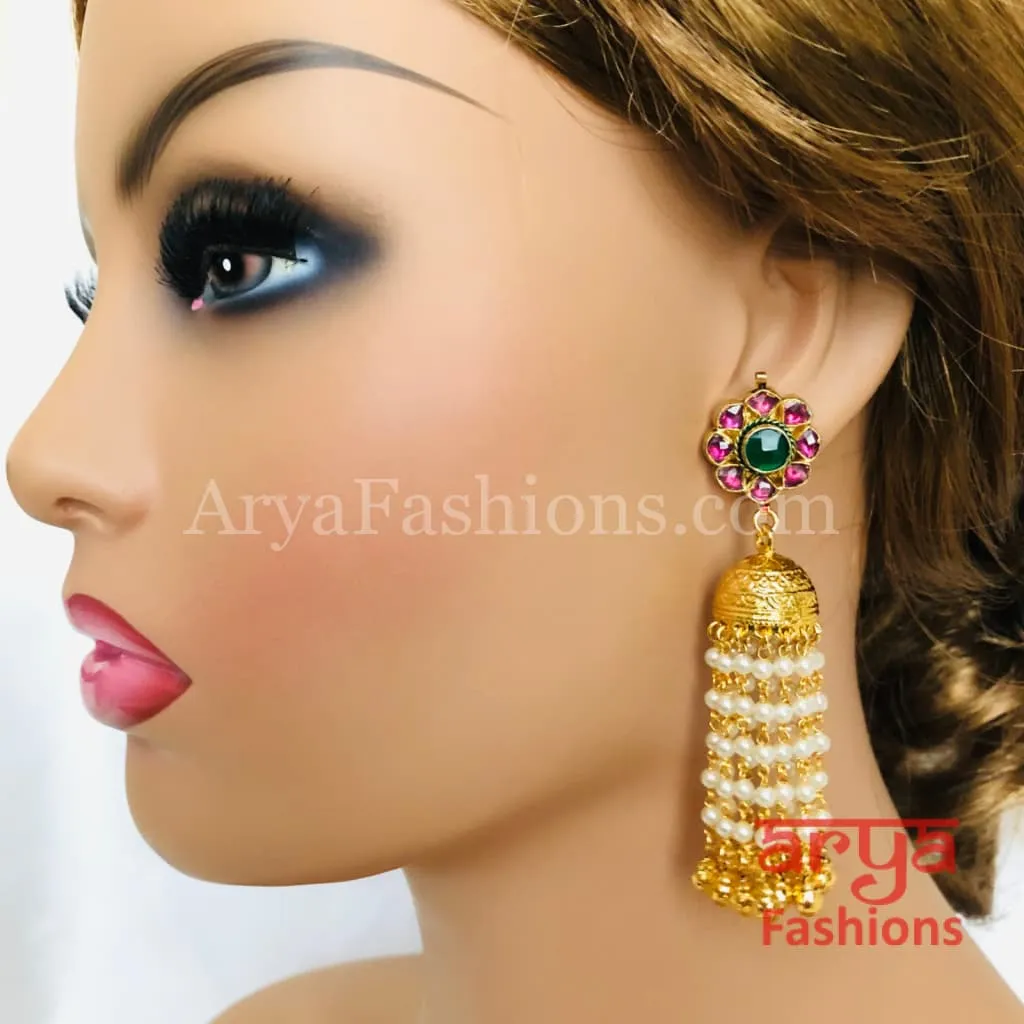 Golden Jhumka Earrings with Pearl Beads and Pink Stones