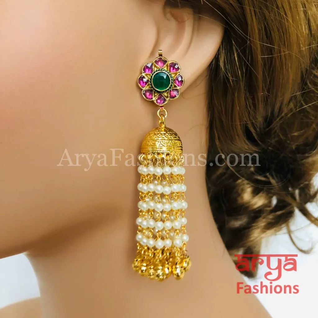 Golden Jhumka Earrings with Pearl Beads and Pink Stones