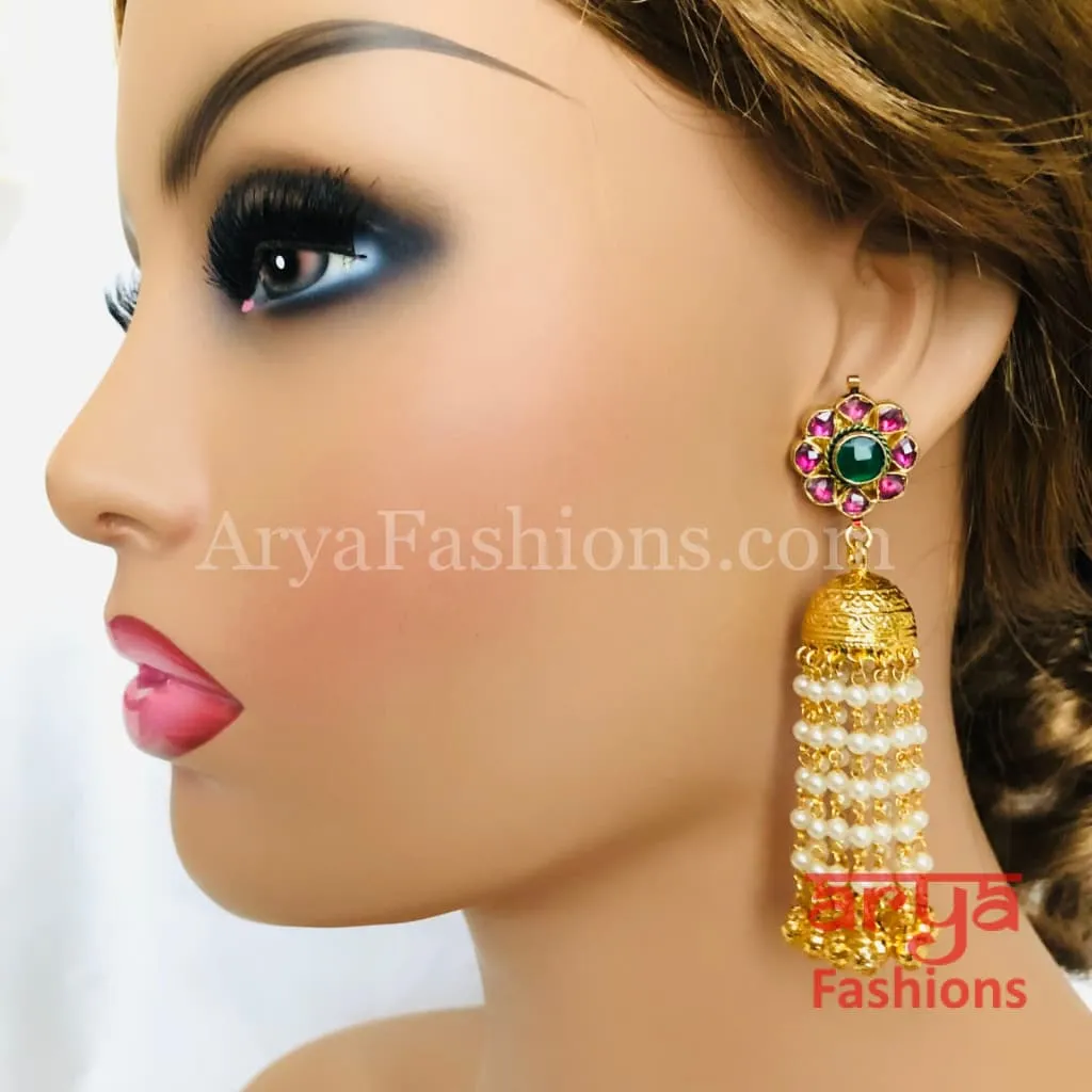 Golden Jhumka Earrings with Pearl Beads and Pink Stones