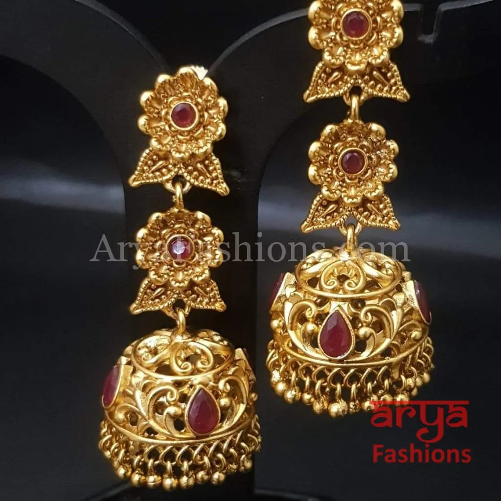 Golden Long Jhumka Earring with golden and Pearl beads