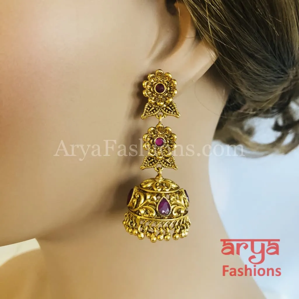 Golden Long Jhumka Earring with golden and Pearl beads