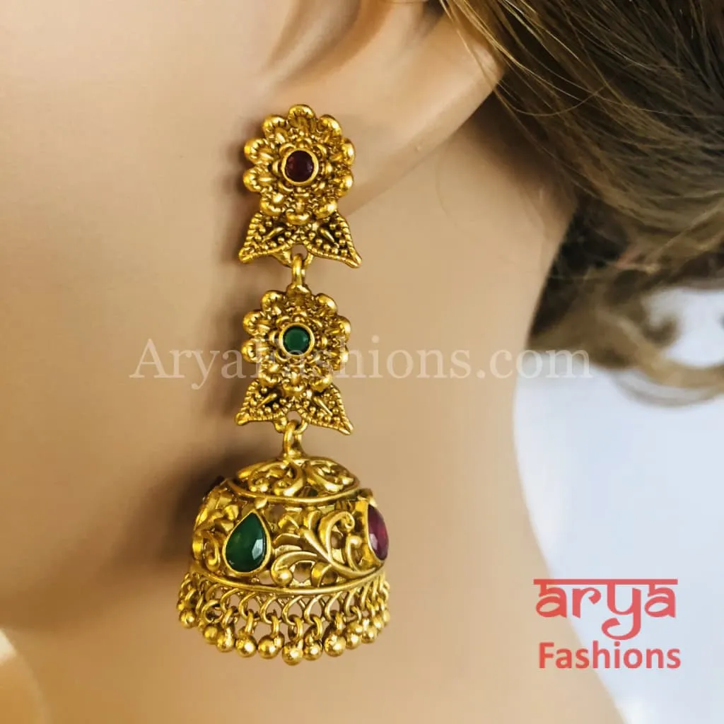 Golden Long Jhumka Earring with golden and Pearl beads