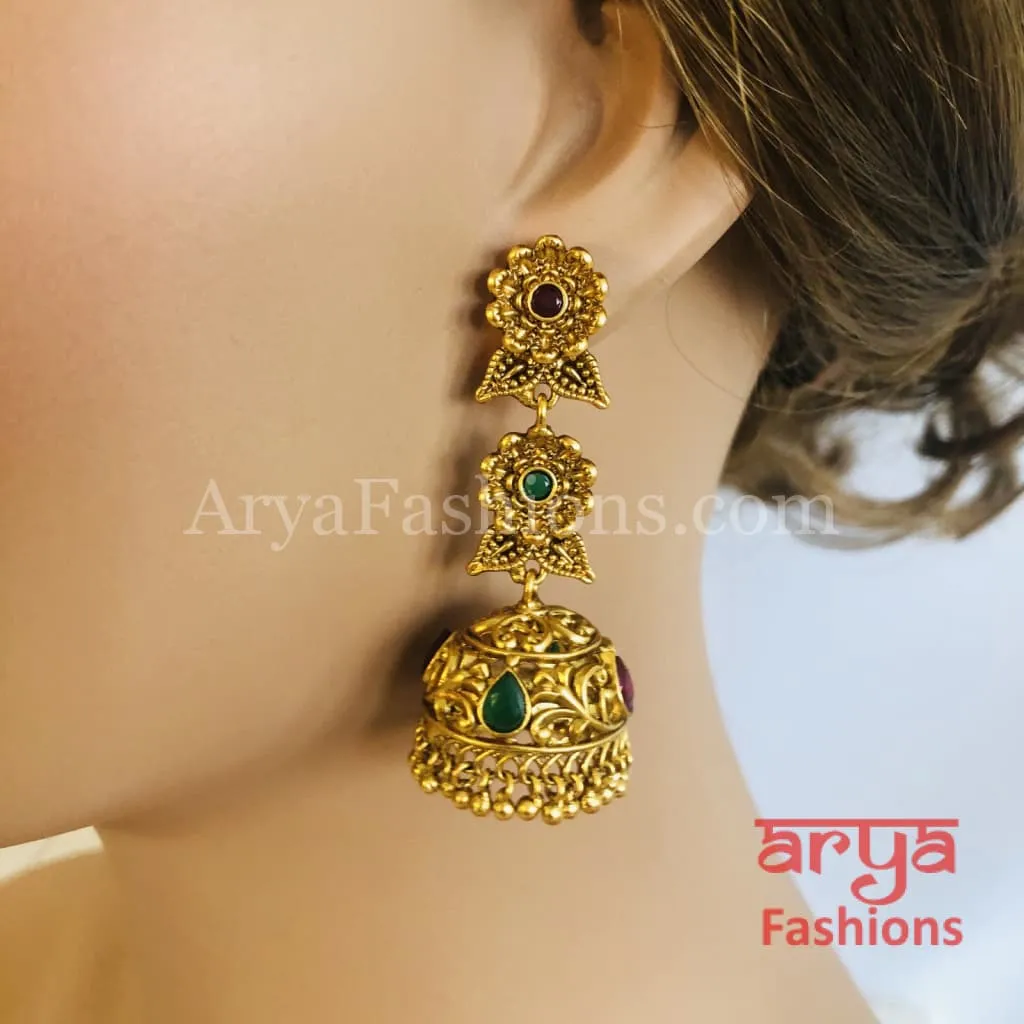 Golden Long Jhumka Earring with golden and Pearl beads