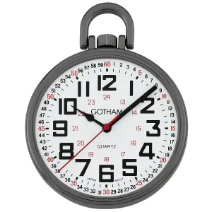 Gotham Men's Gun-Tone Slim Railroad 24 Hour Open Face Quartz Pocket Watch # GWC15029B