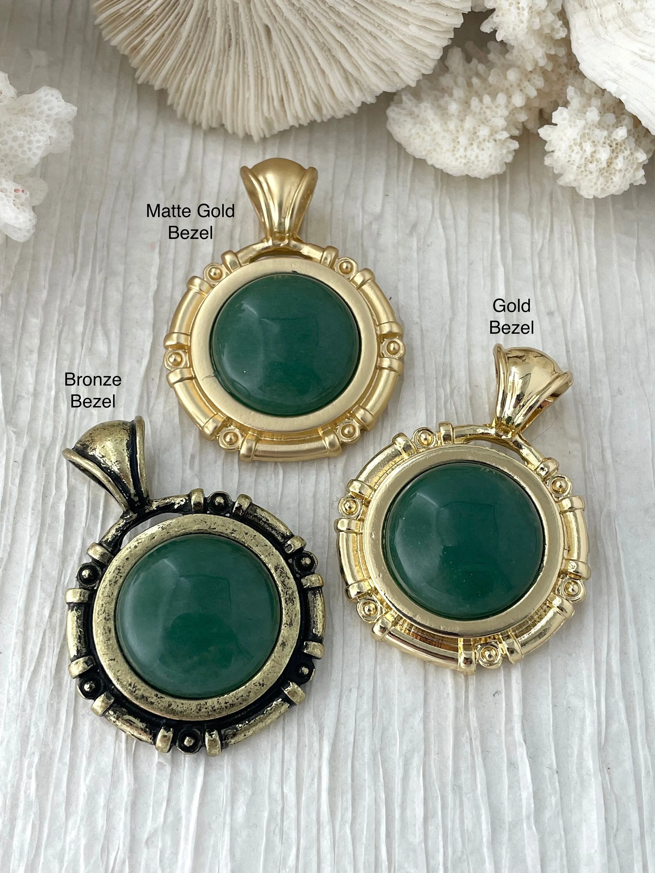 Green Aventurine Stone Pendant with Bezel, Natural Stone Pendants, Cabochon Stone Comes in a variety of patterns, 3 bezel colors, Fast Ship