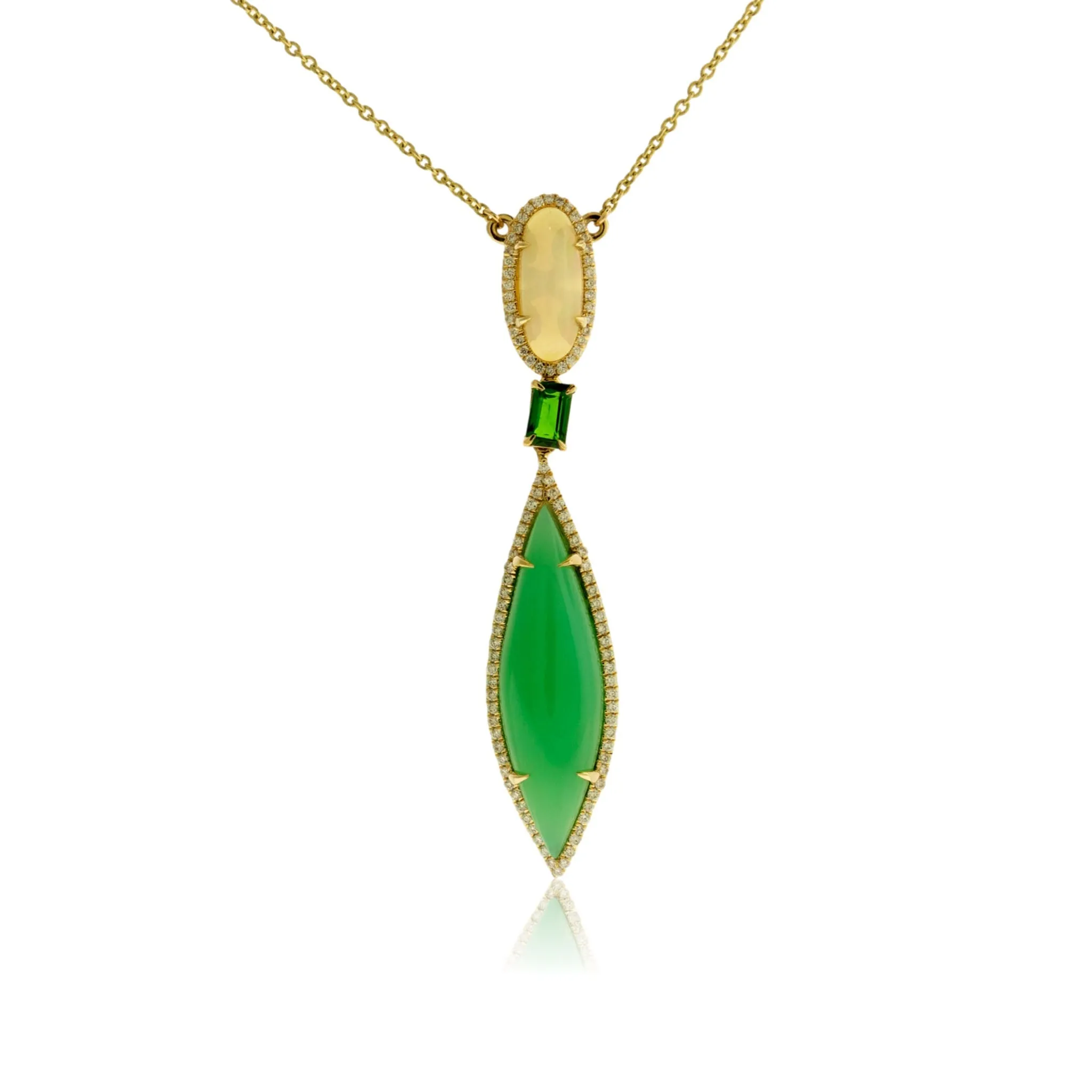 Green Chalcedony, Opal, Chrome Diopside & Diamond Pendant w/Chain