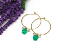 Green Onyx and Pink Quartz Hoop Earrings in Gold