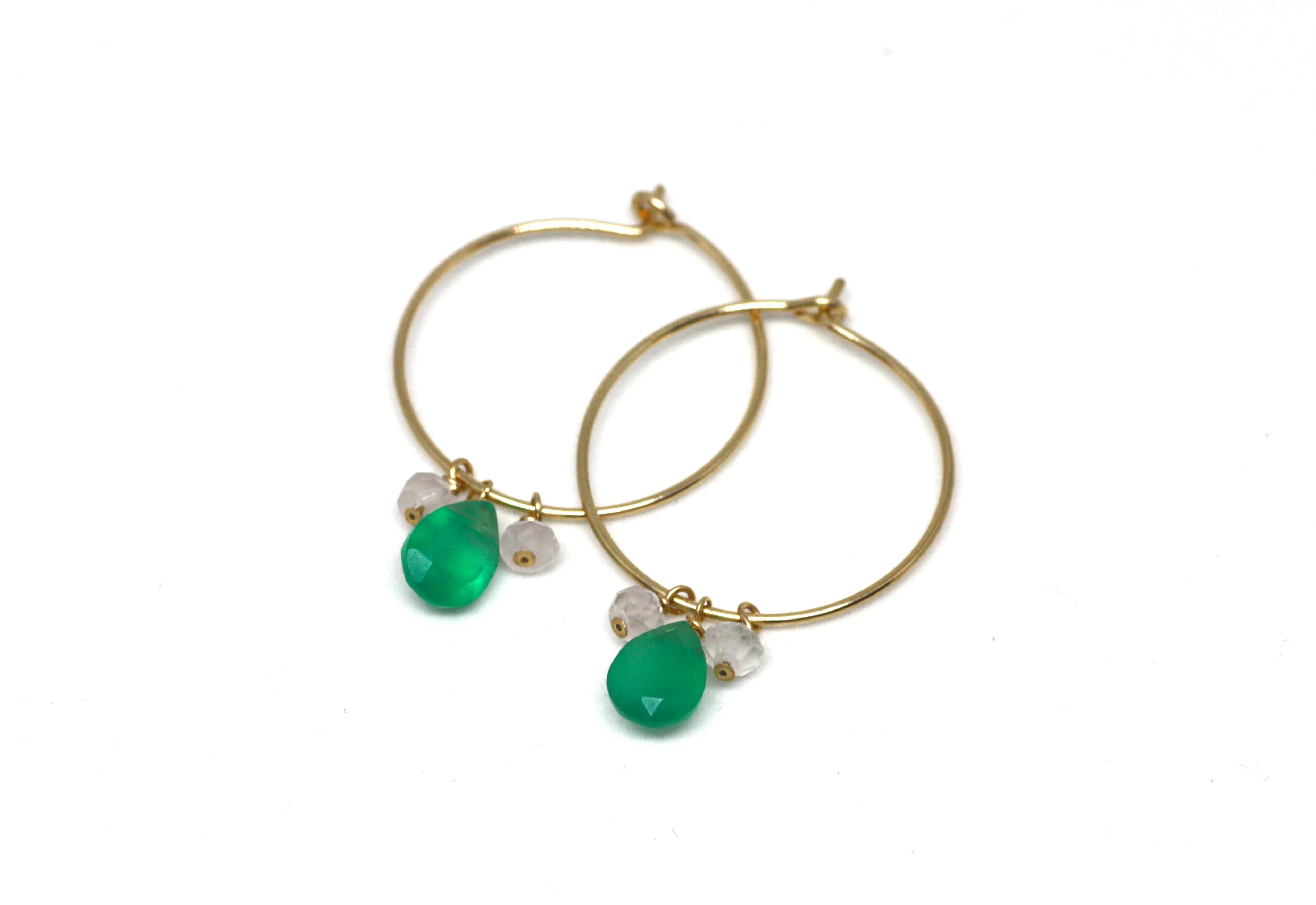 Green Onyx and Pink Quartz Hoop Earrings in Gold