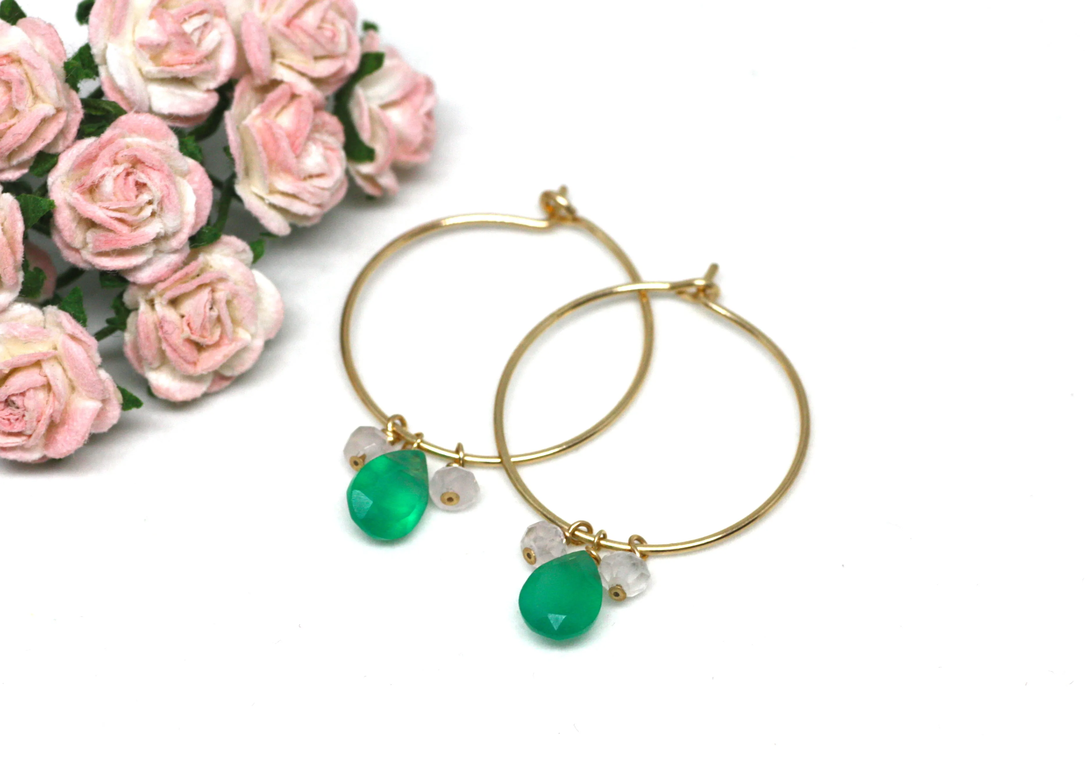 Green Onyx and Pink Quartz Hoop Earrings in Gold