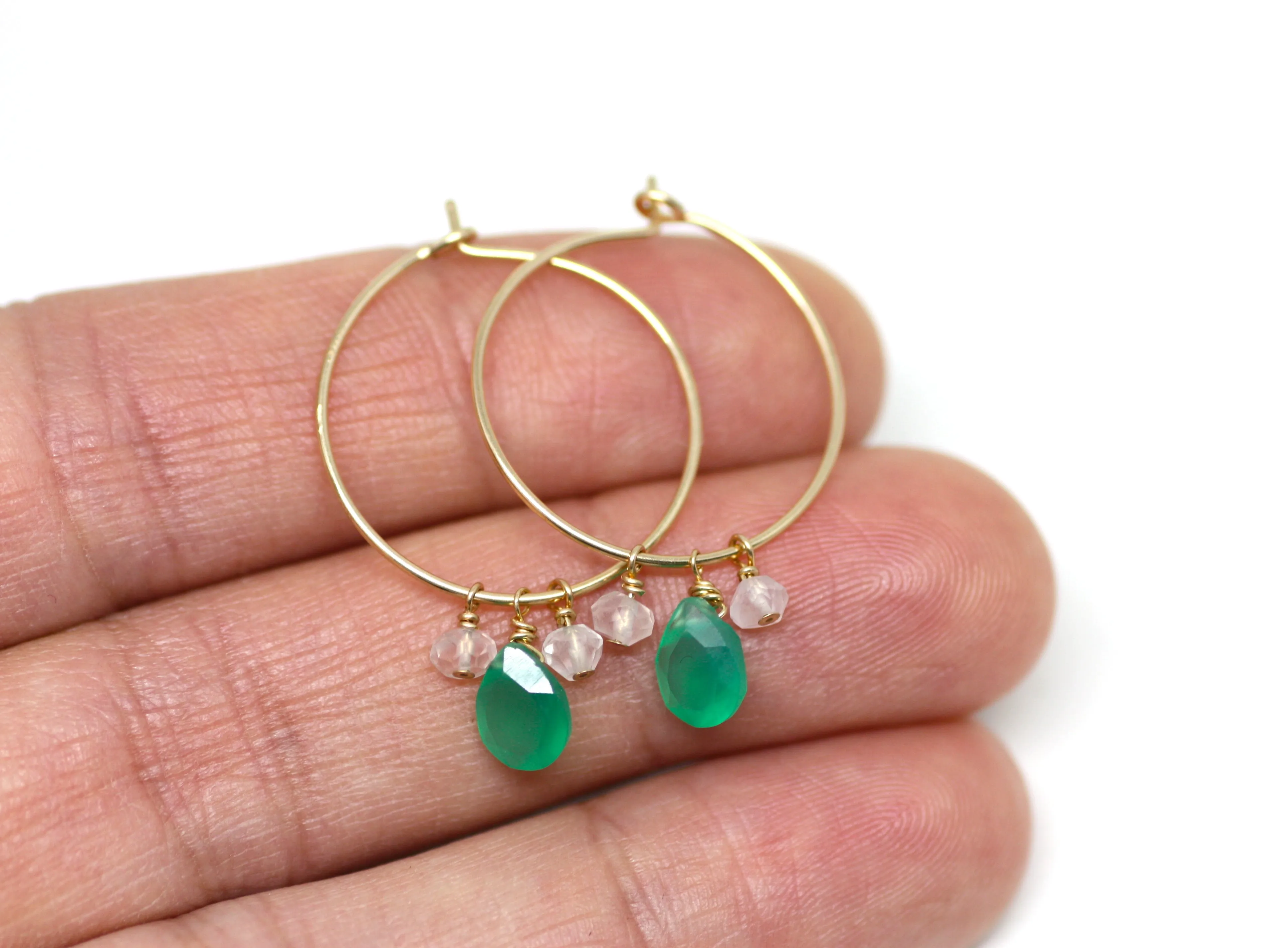 Green Onyx and Pink Quartz Hoop Earrings in Gold