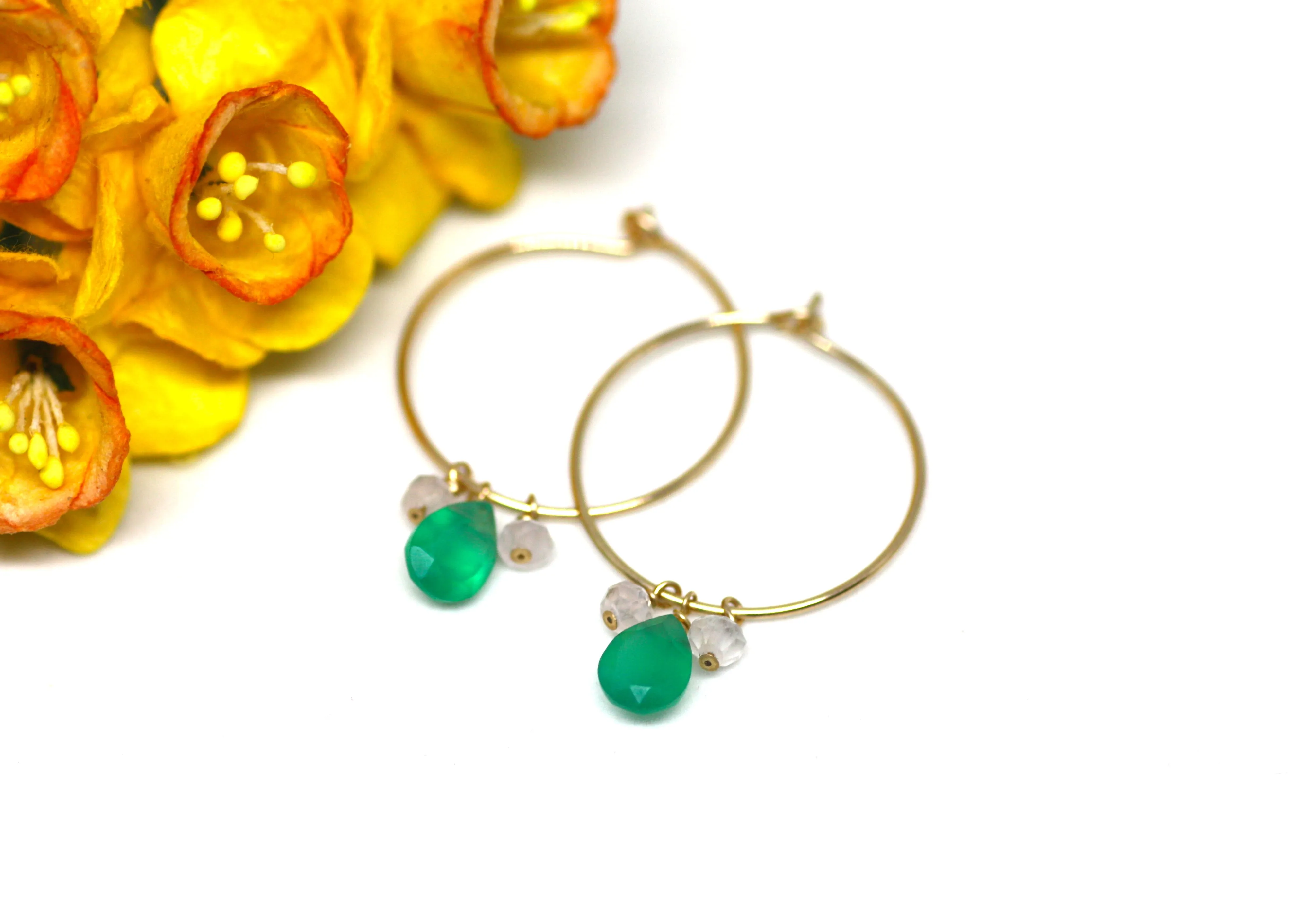 Green Onyx and Pink Quartz Hoop Earrings in Gold