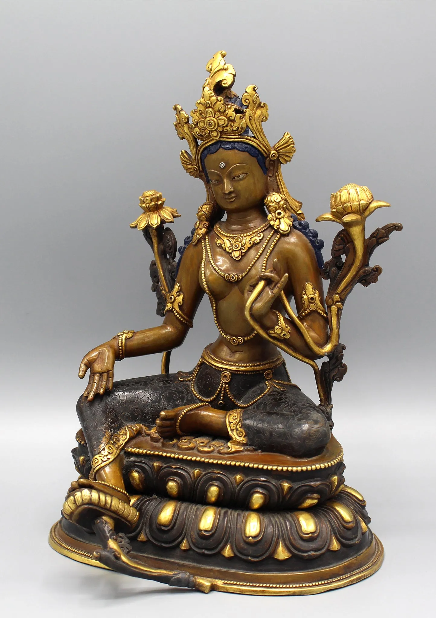 Green Tara Partly Gold Plated Statue