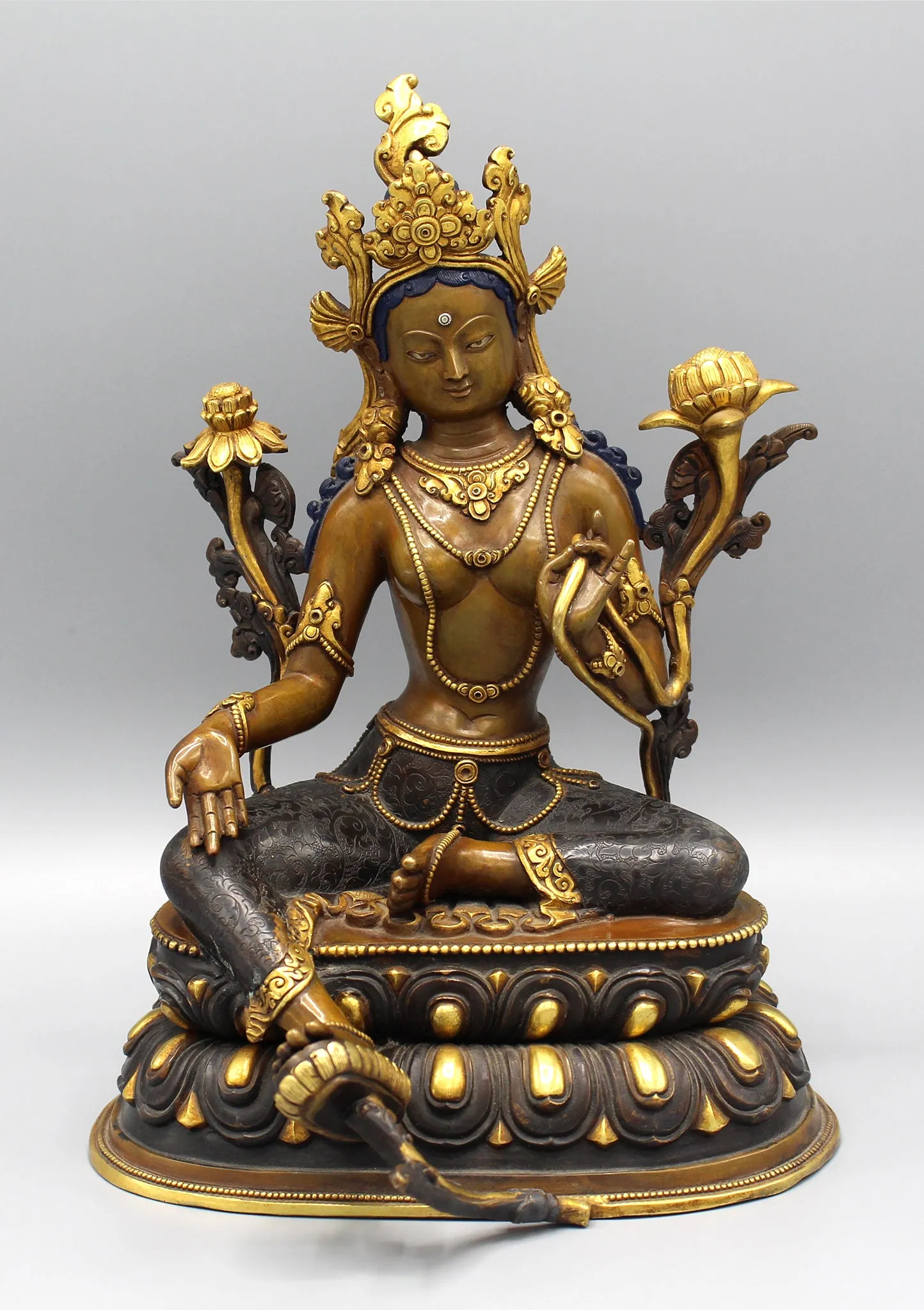 Green Tara Partly Gold Plated Statue